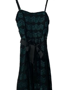 Strapless Teal Lace Overlay Dress with Black Ribbon